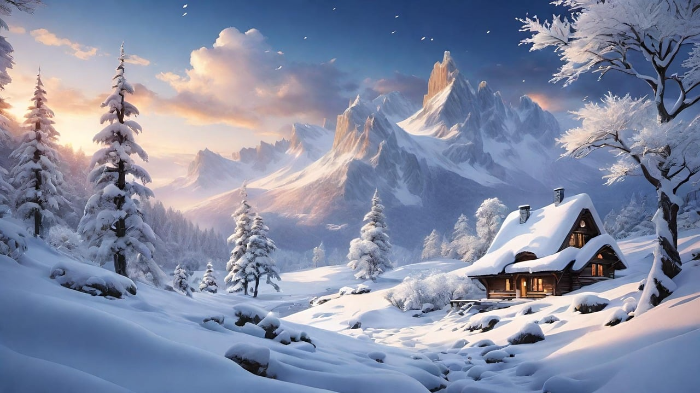 산속에 눈에 덮여 있는 집의 이미지