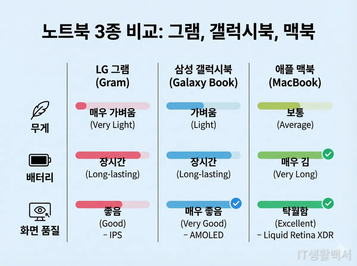LG 그램, 갤럭시북, 맥북 에어의 스펙을 한눈에 비교하는 인포그래픽 차트