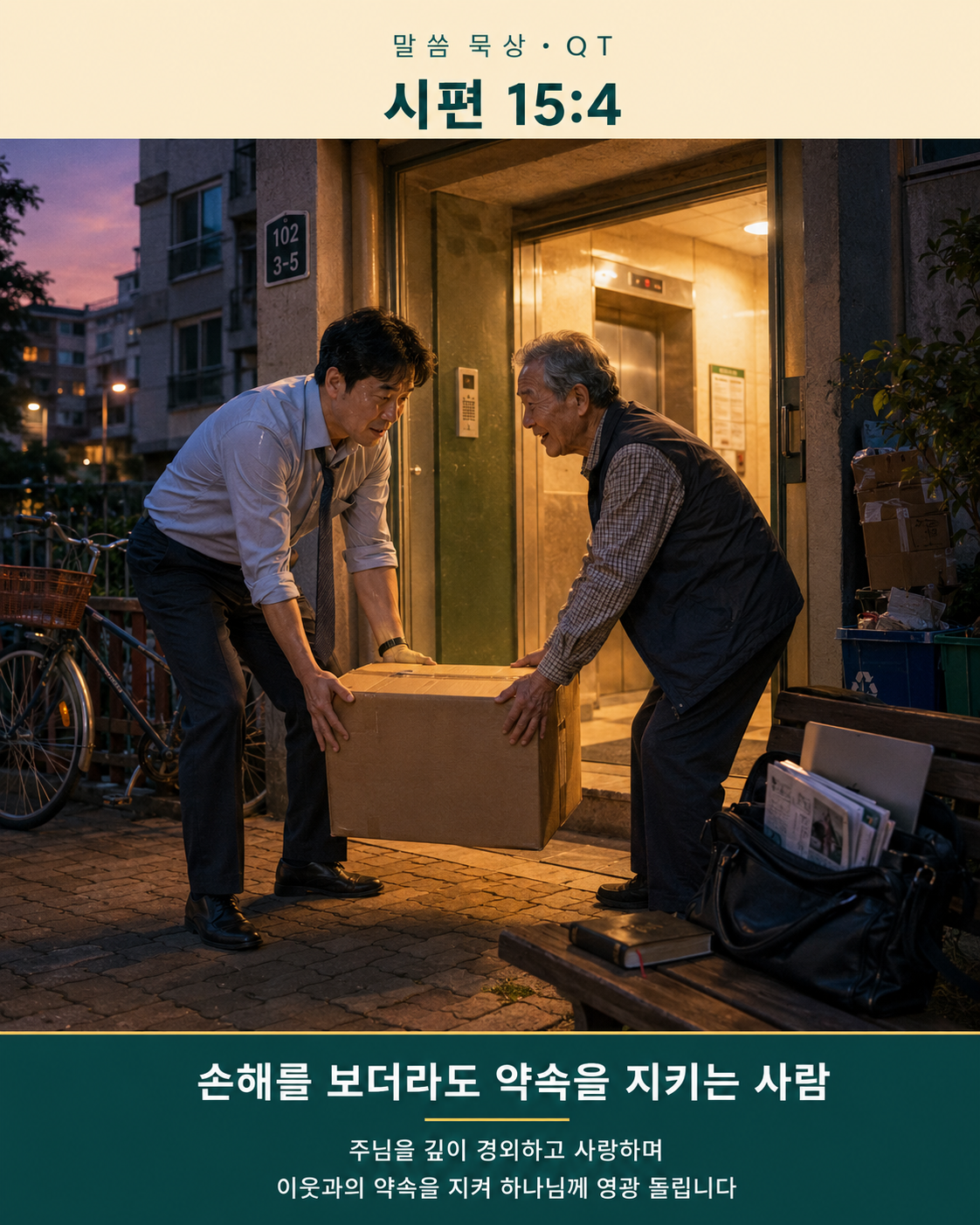 시 15:4 말씀에서 주님의 전에 들어가는 사람은 주님을 경외하는 자를 존경하며 손해를 보더라도 이웃과 한 약속을 지키는 사람임을 기억하며, 오늘도 주님을 깊이 존경하고 사랑하는 마음으로 손해를 감수하면서라도 이웃과의 약속을 지켜 하나님께 영광 돌리는 시도를 하는 모습입니다. 퇴근 후 피곤하고 일이 남아 있는 상황에서도 약속한 시간에 찾아가, 이웃의 무거운 짐을 함께 옮기는 모습입니다.