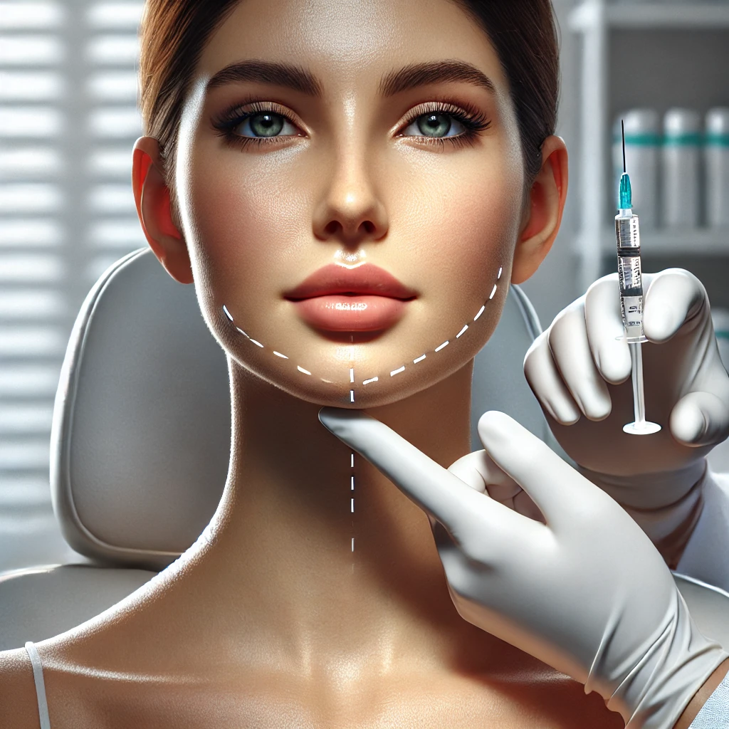 이중턱 주사 시술을 받는 여성의 극사실 이미지, 현대적인 클리닉 환경에서 의료 전문인이 주사기를 사용 중