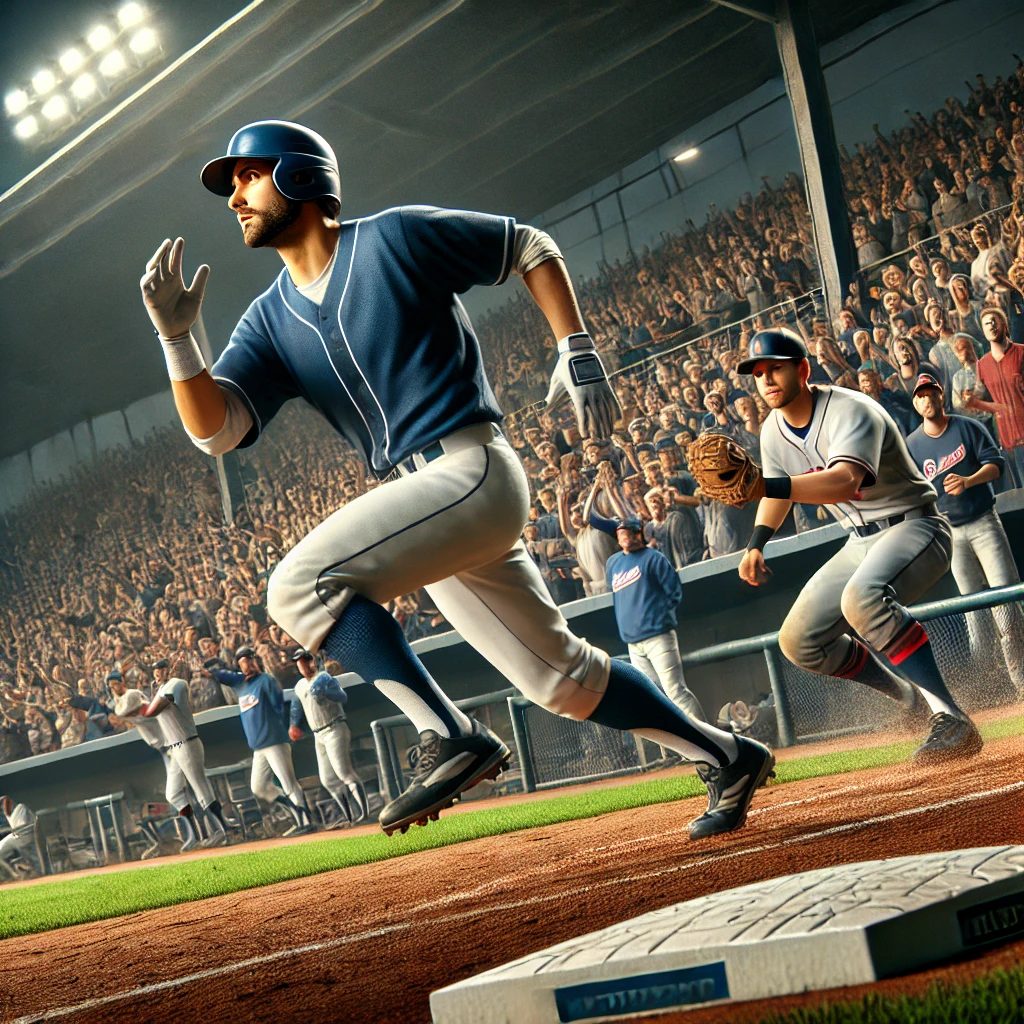 공을 타격 후 출루하는 타자의 그림