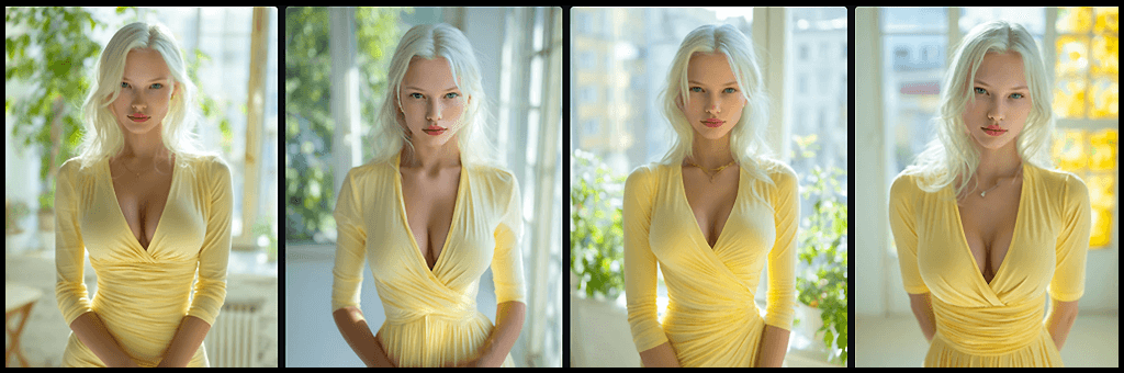 Midjourney OREF 활용, 파스텔 옐로우 드레스와 밝은 눈빛으로 부드럽고 맑은 분위기를 연출하는 여성 인물 전신 이미지_Midjourney