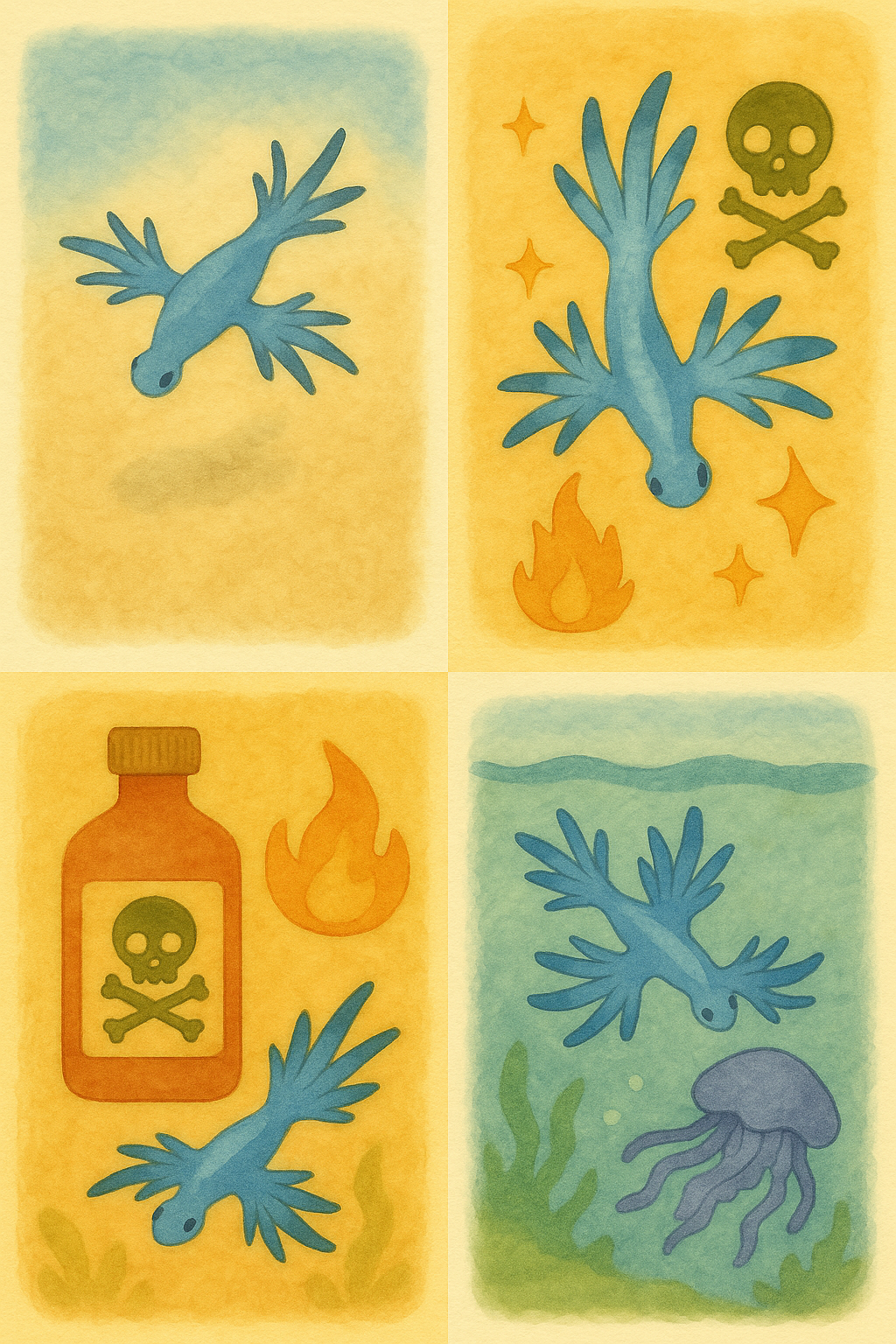 좌측 상단: 푸른색 날개 모양 촉수를 가진 파란갯민숭달팽이가 바다 위를 떠다니는 모습.
우측 상단: 같은 파란갯민숭달팽이 옆에 해골과 뼈, 불꽃과 반짝임 아이콘이 함께 그려져 독성과 위험성을 상징.
좌측 하단: 독성 경고 라벨이 붙은 갈색 병, 불꽃과 함께 아래에 파란갯민숭달팽이가 그려져 독을 보유하고 있음을 표현.
우측 하단: 바닷속에서 파란갯민숭달팽이가 해파리 근처를 헤엄치는 장면. 이 달팽이가 해파리를 먹고 그 독을 흡수한다는 사실을 시각적으로 나타냄.