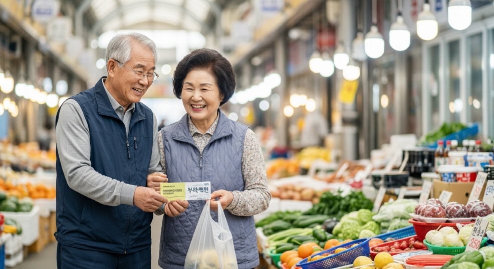 기초생활수급 노부부가 전통시장에서 장보는 모습