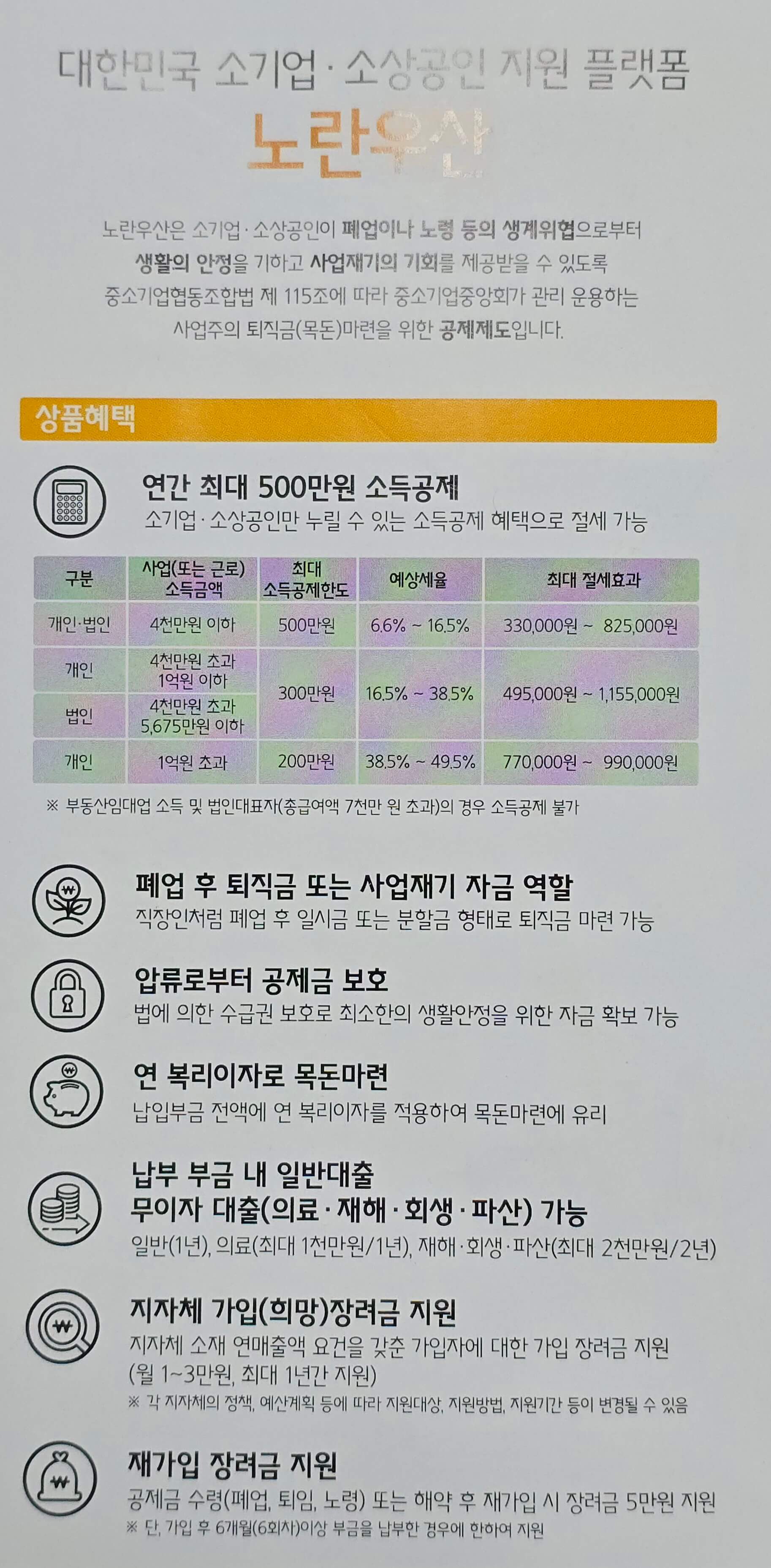 노란우산공제 상품혜택, 가입안내, 공제금 지급사유 및 지급기준 등 안내