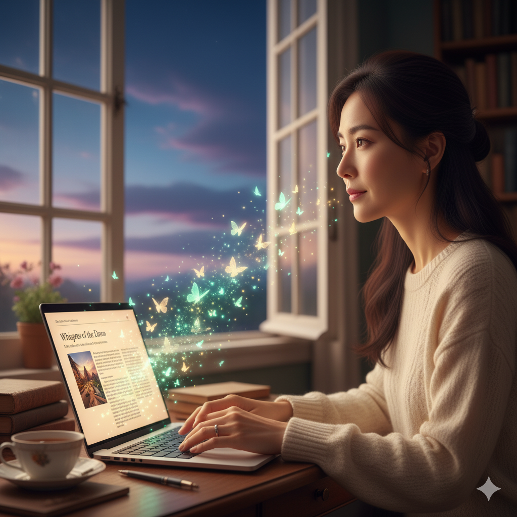 따스한 서재 창가에서 여성이 노트북 화면의 글을 어루만지자 빛의 나비들이 날아가는 모습
