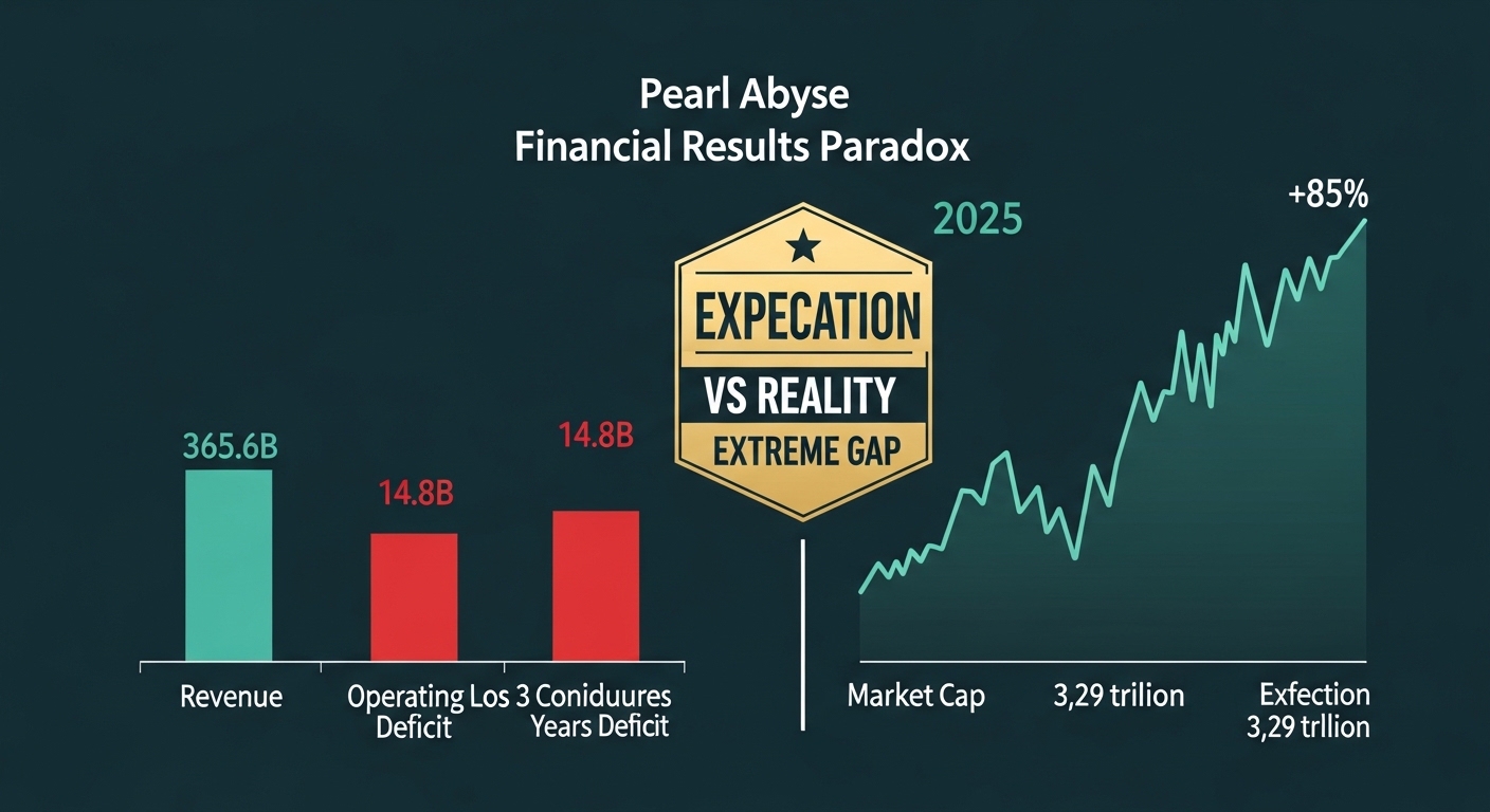 Pearl Abyss 2025 financial results paradox dark teal background left bar chart revenue 365.6B teal positive bar operating loss 14.8B red negative bar label 3 consecutive years deficit right stock price line chart surging plus 85 percent one year 52 week high market cap 3.29 trillion badge center bold divider text expectation vs reality extreme gap English labels professional dark