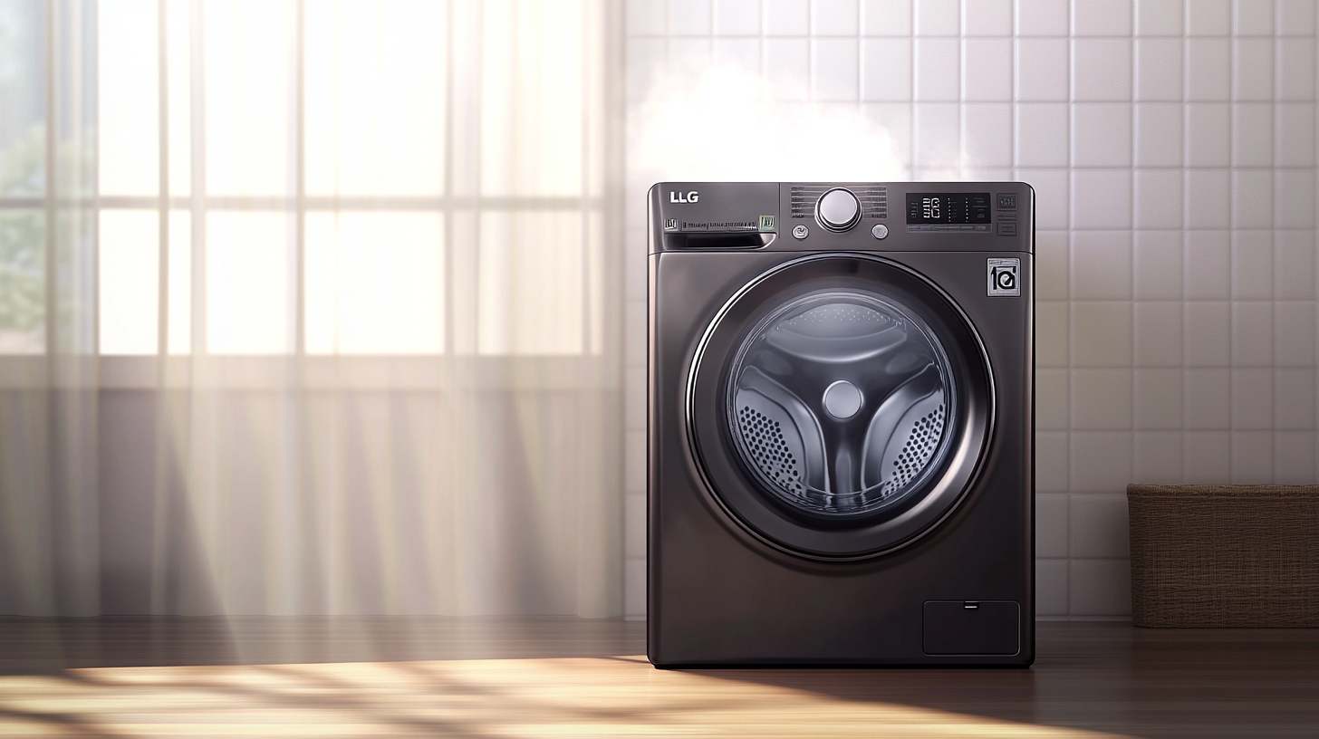 LG 세탁기가 스팀 세탁 사이클을 실행 중이며 증기가 보이는 모습. 청결하고 간결한 배경이 함께 어우러진 장면.