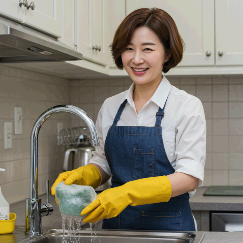 앞치마와 고무장갑 낀 주방 청소 여성.