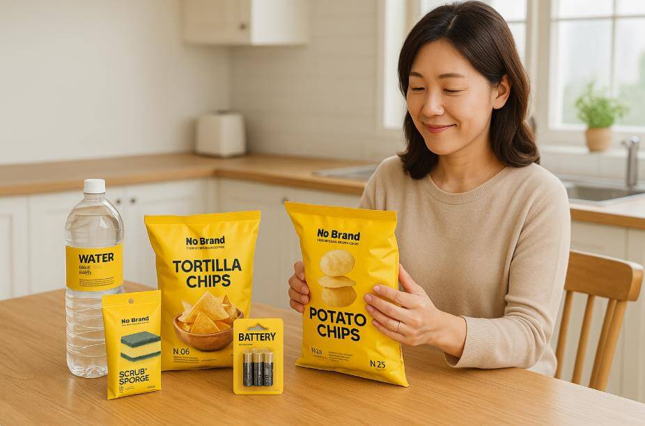 주방 테이블 위 노브랜드 생필품을 살펴보는 모습