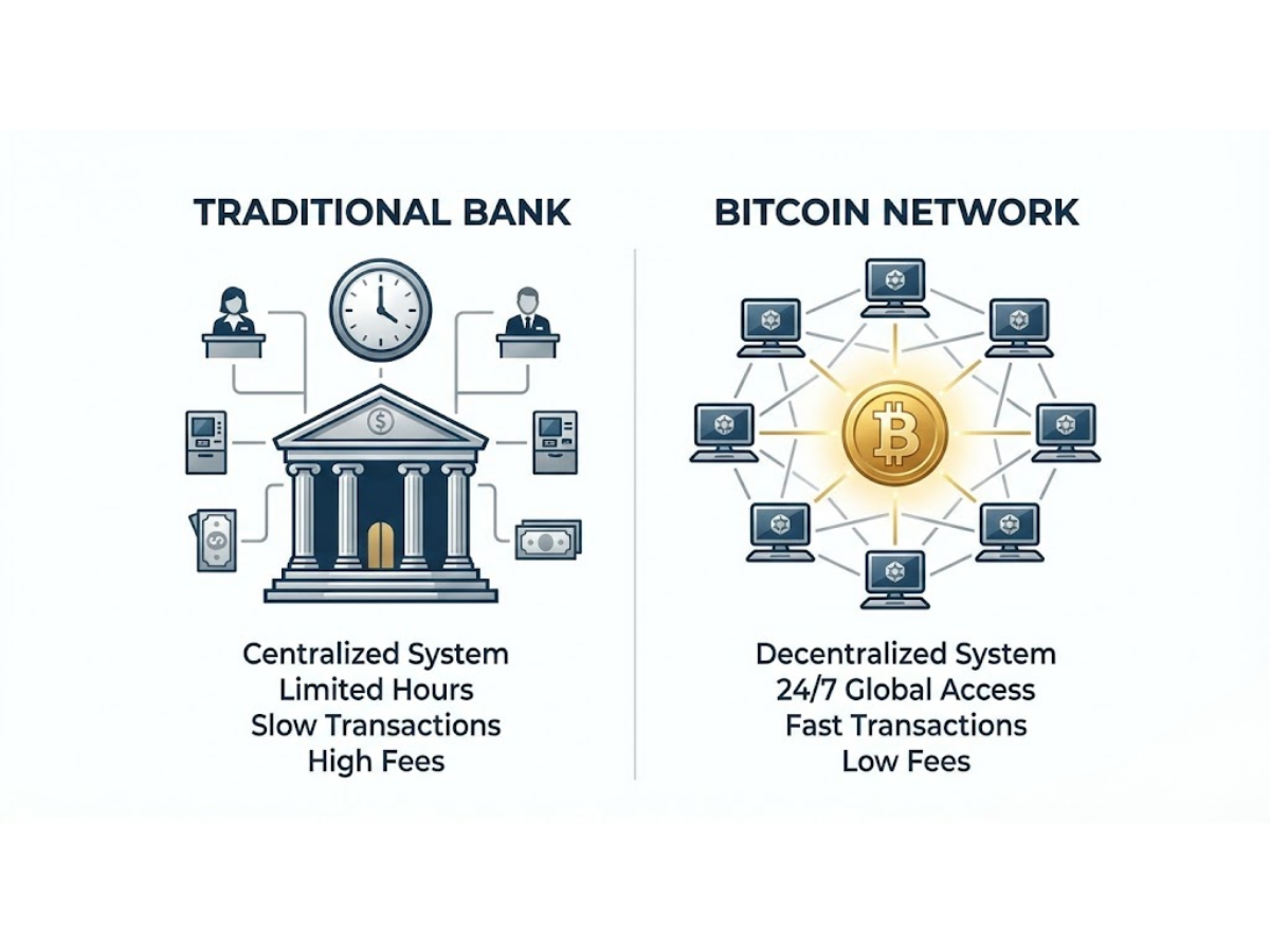 기존 방식: 내가 친구에게 돈을 보내려면 은행 서버를 거쳐야 합니다. 은행이 쉬는 날엔 이체가 늦어지고, 해외 송금은 며칠씩 걸리죠.
비트코인 방식: 은행이라는 중간 단계 없이, 전 세계 누구에게나 인터넷만 있으면 직접 돈을 보낼 수 있습니다. 이를 '탈중앙화(Decentralized)'라고 합니다.