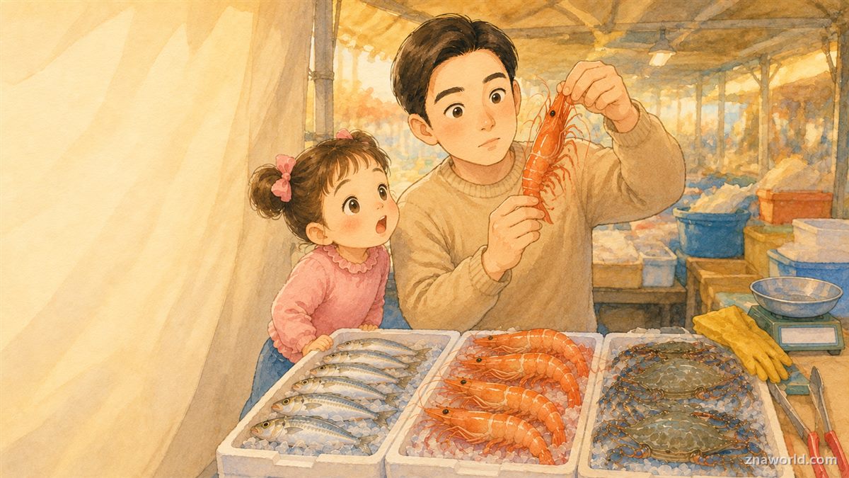 산시장에서 새우 수염을 살펴보며 대하를 고르는 아빠와 아이
