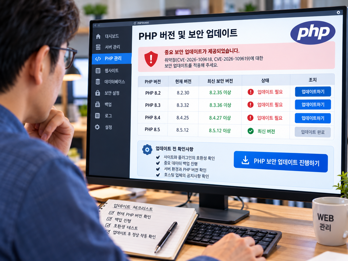 홈페이지 관리자가 컴퓨터에서 PHP 보안 업데이트 상태를 확인하는 모습
