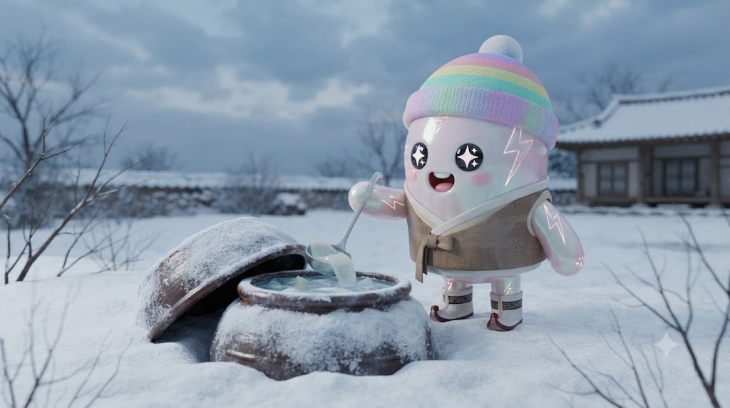 눈 내리는 겨울날, 장독대 옆에 반쯤 묻힌 커다란 옹기 항아리입니다. 쫀쿠가 눈 덮인 항아리 뚜껑을 열자, 살얼음이 살짝 낀 맑고 투명한 동치미 국물과 통무가 보입니다
