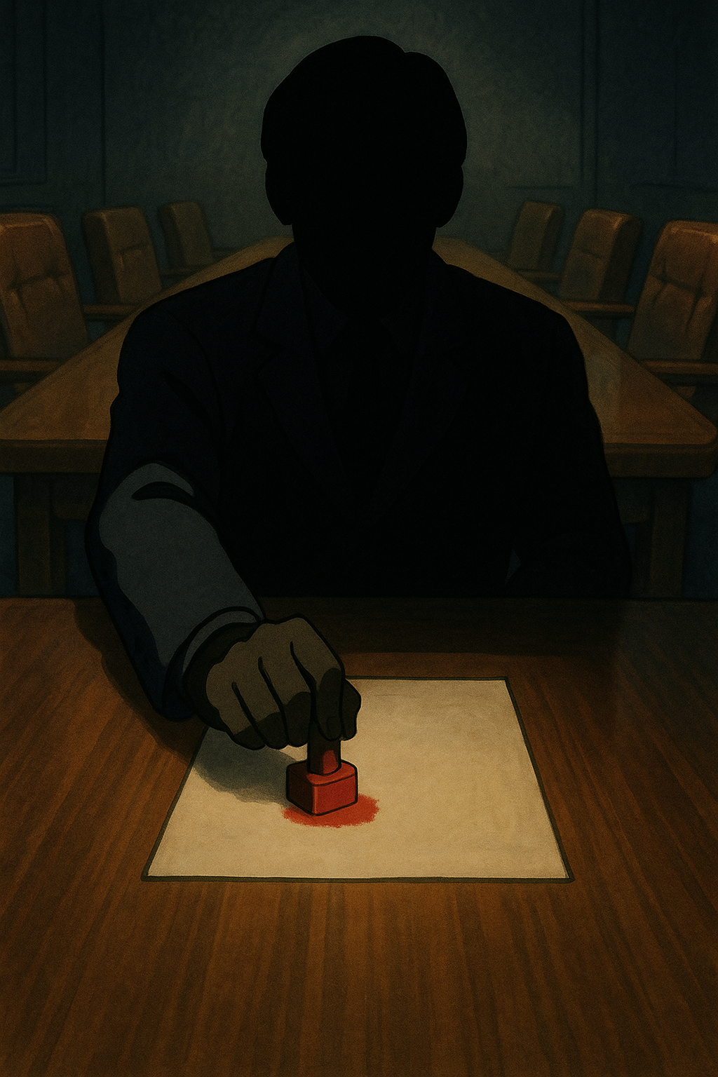 “어둠 속 도장을 찍는 책임자 – 면책의 구조를 상징하는 장면”