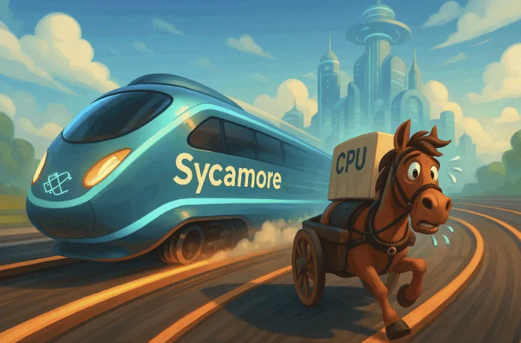 Sycamore 양자열차가 CPU 마차를 앞지르는 픽사풍 일러스트 대표 이미지. 이 이미지는 양자 우월성(Quantum Supremacy)의 개념과 구글 Sycamore 실험의 상징성을 직관적으로 보여주며, 고전 컴퓨터 대비 양자 컴퓨터의 성능 차이를 유쾌하게 시각화한 블로그 대표 이미지임 (quantum supremacy, Sycamore, classical CPU)