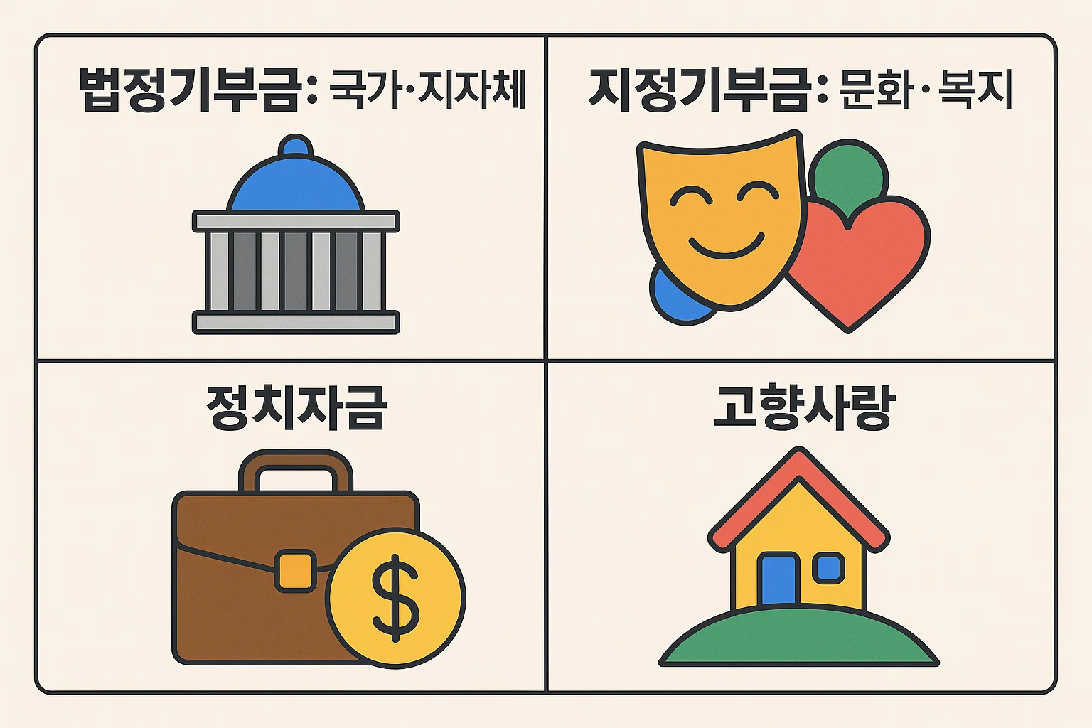 국가&middot;지자체 법정기부금, 문화&middot;복지 분야 지정기부금, 정치자금 기부, 고향사랑 기부 등 다양한 기부금 종류와 공제 적용 가능 범위를 한눈에 정리한 인포그래픽입니다.