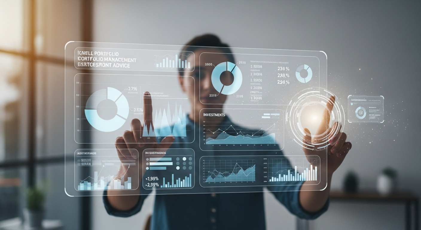 개인이 홀로그램 스크린을 통해 AI 기반으로 맞춤형 자산 포트폴리오를 관리하는 모습. 미래형 금융 자문 서비스의 개인화를 상징합니다.