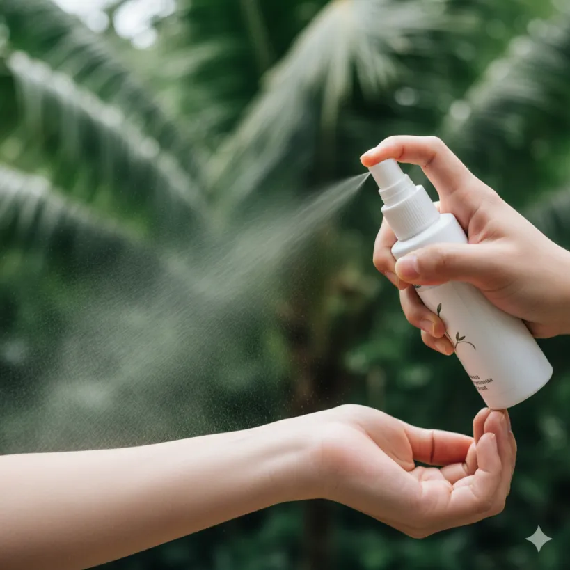 푸꾸옥 여행 중 모기 기피제를 사용하는 모습