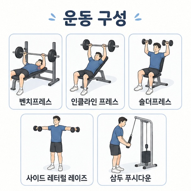 벤치프레스, 인클라인 프레스, 숄더프레스, 사이드 레터럴 레이즈, 삼두 푸시다운으로 구성된 Push 운동 목록을 정리한 그림