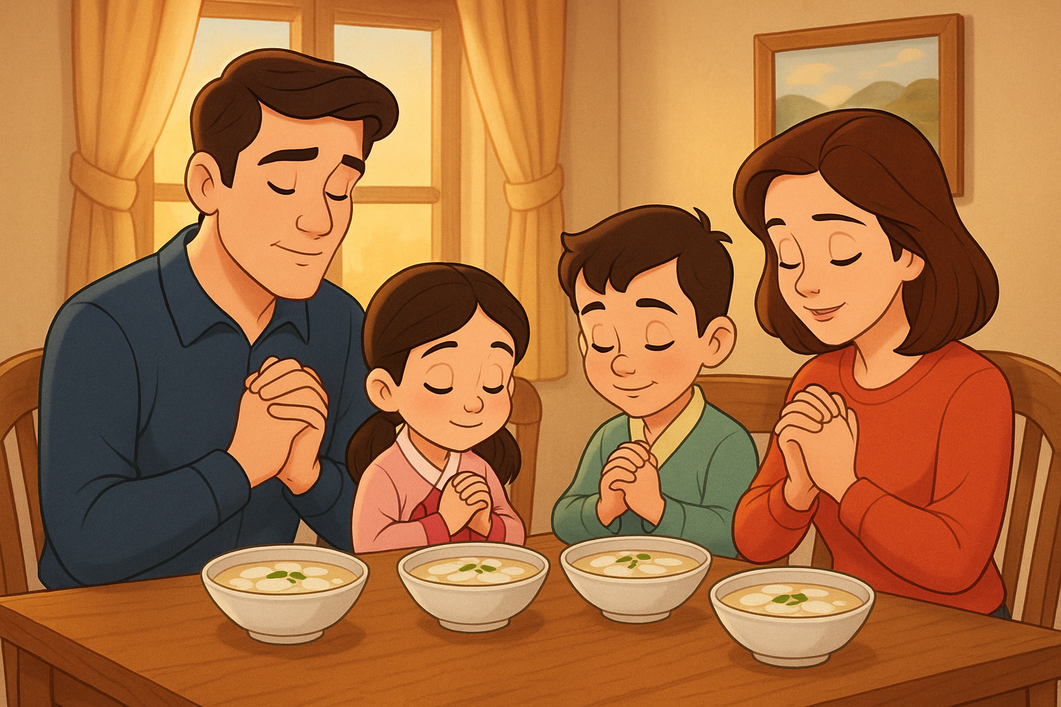 “설 명절에 한복을 입은 가족이 떡국이 차려진 식탁 앞에 앉아 두 손을 모아 기도하는 장면. 새해를 하나님께 드리며 은혜와 평강을 구하는 모습”