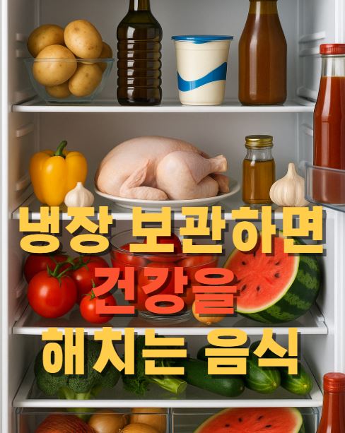 냉장고 내부에 다양한 음식들 사진