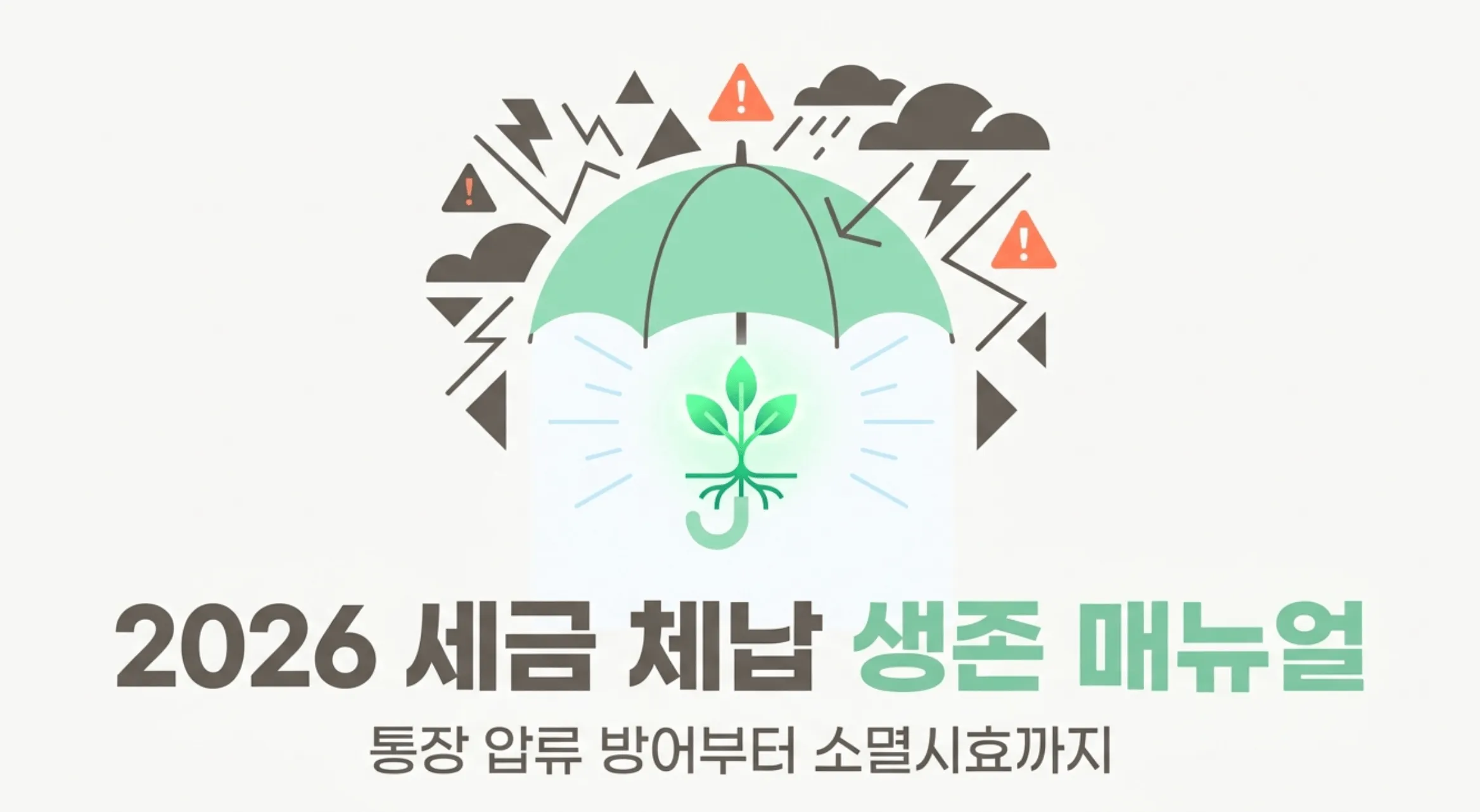 세금체납 통장압류 피하는법: 2026 세금 체납 생존 매뉴얼 통장 압류 방어부터 소멸시효까지라는 문구와 함께 번개와 먹구름 속에서 초록색 우산이 새싹을 보호하는 일러스트가 그려진 대표 이미지. 2026년 최신 기준으로 세금 체납 시 통장 압류를 피하는 법과 압류방지통장 생계비계좌 등 합법적 보호 수단 그리고 출국금지 기준과 소멸시효 확인 방법을 총정리한 블로그 글의 대표 이미지로 세금 체납 대응 가이드의 핵심 내용을 시각적으로 전달함