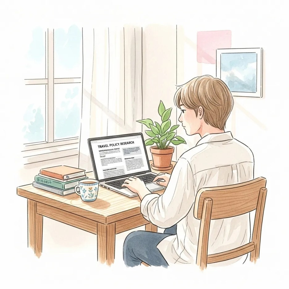 노트북으로 비엣젯 규정을 찾아보는 사람.