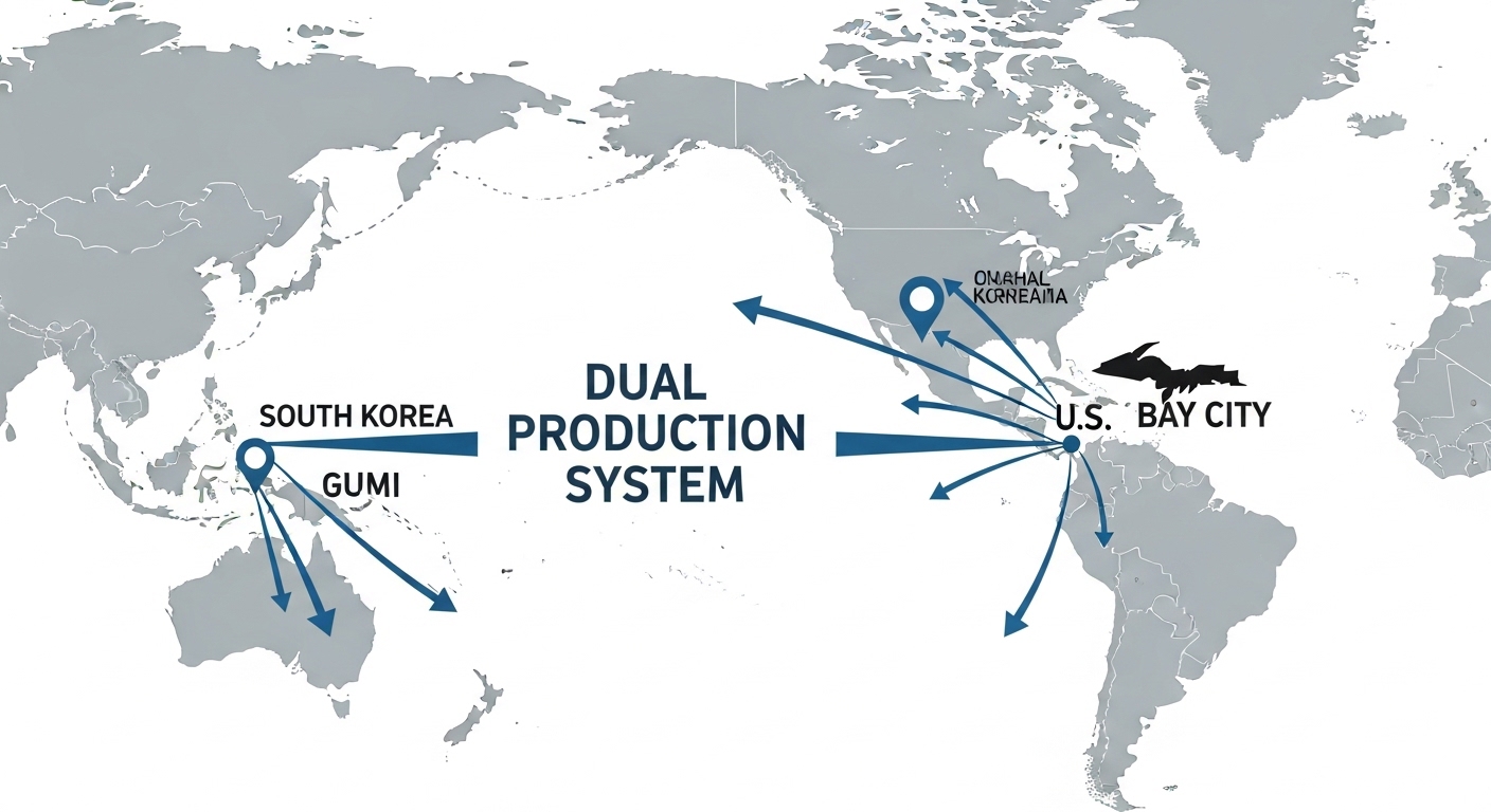 World map image with South Korea Gumi and US Michigan Bay City marked, connected by arrows with 'Dual Production System' text displayed.