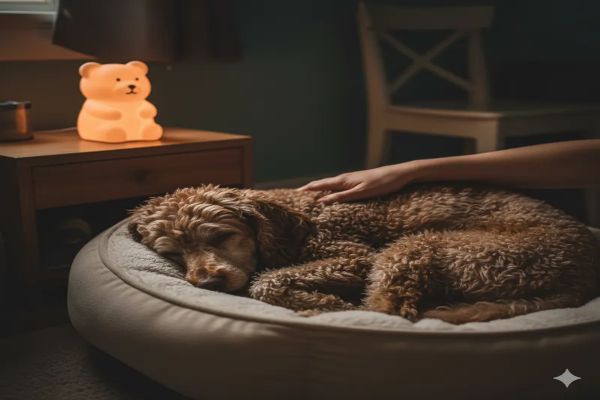 낑낑거리다 지쳐 잠든 노령견을 보호자가 안쓰러운듯 등을 쓰다듬고 있는 모습니다.