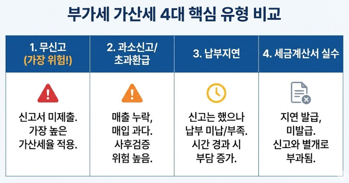 부가세 가산세 무신고 과소신고 납부지연 세금계산서 실수 유형 비교표 인포그래픽