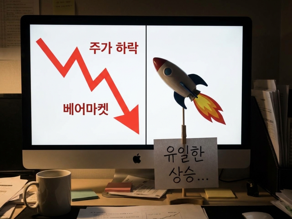 붉은색 하락 차트와 로켓 이미지가 대비되는 구성