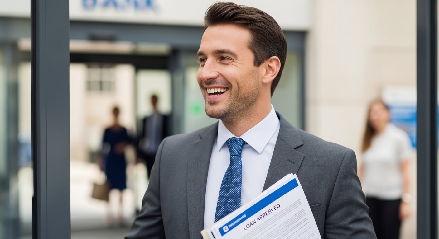 대출 승인 서류를 들고 은행을 나서는 남성