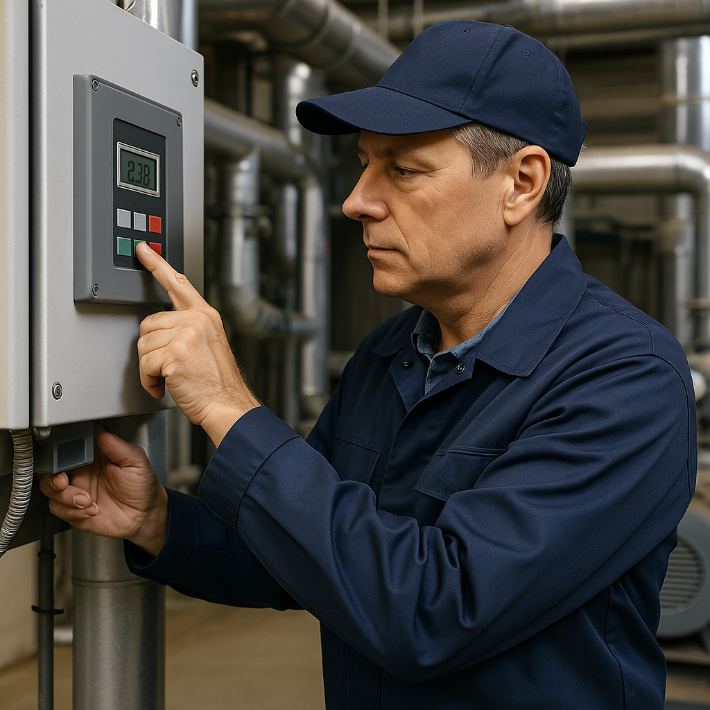 실내 기계설비를 점검하는 중년 기술자