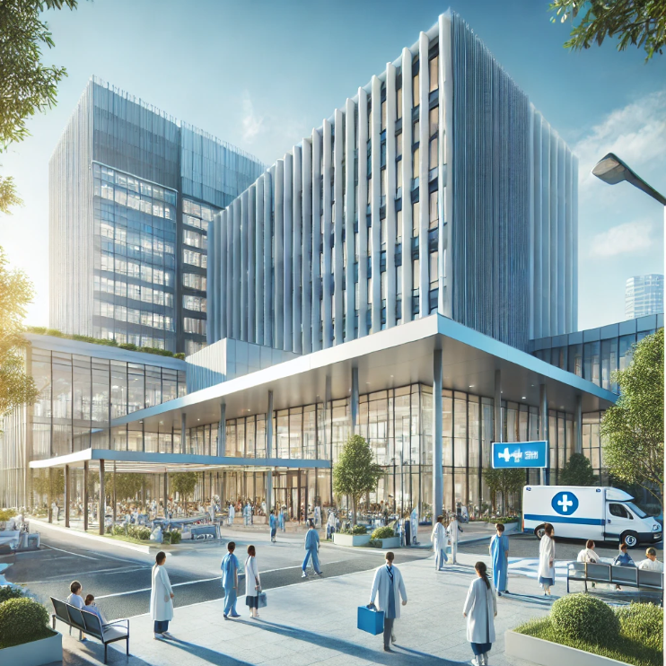 현대적인 의료 시설 외관과 상호작용을 보여주는 이미지