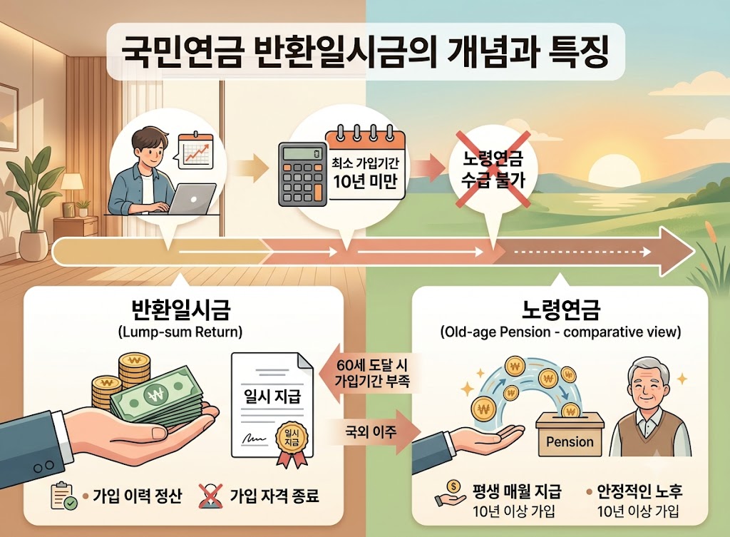 국민연금 반환일시금의 조건과 특징을 한눈에 보여주는 인포그래픽. 가입기간 10년 미만 시 지급 대상, 반환일시금과 노령연금의 차이 비교