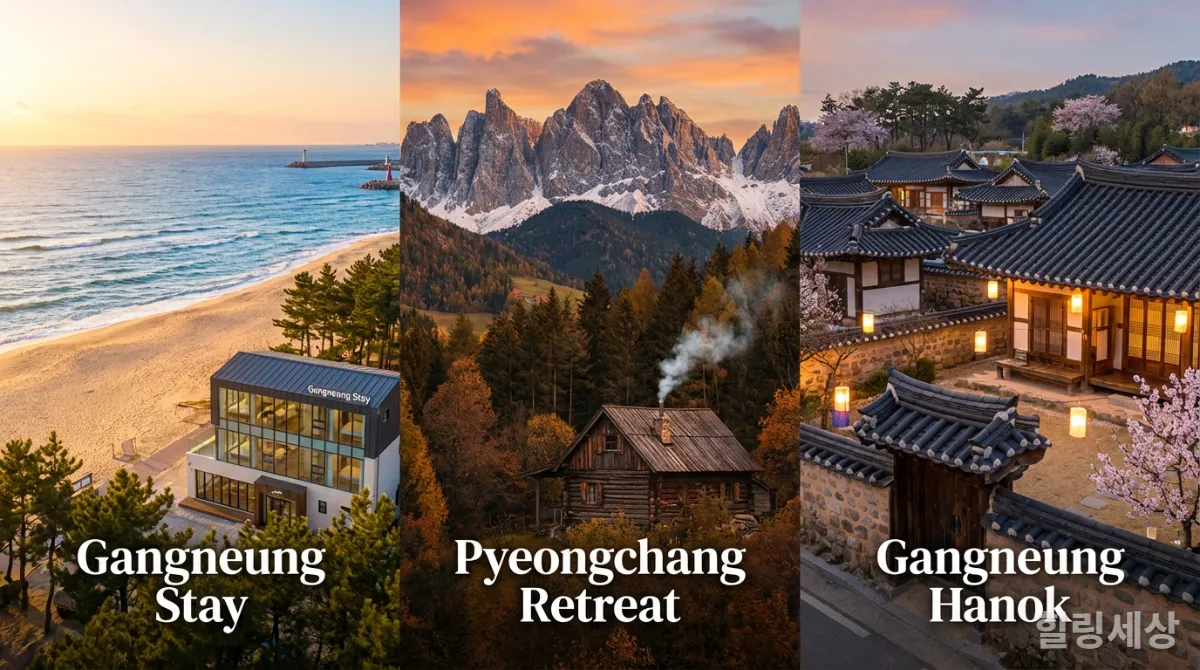 강원도 주요 감성 숙소 지역의 풍경과 숙소 이미지 콜라주