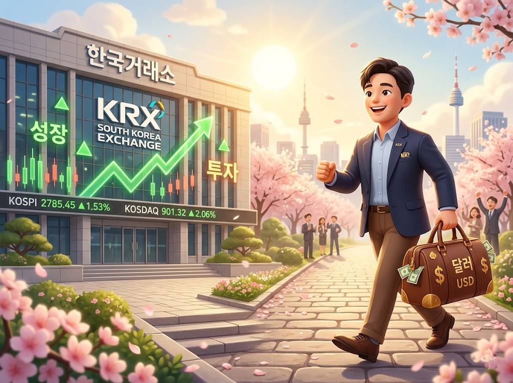 달러 가방을 든 한국인 투자자가 밝은 표정으로 한국 증시를 향해 걸어가는 따뜻한 분위기의 3D 일러스트