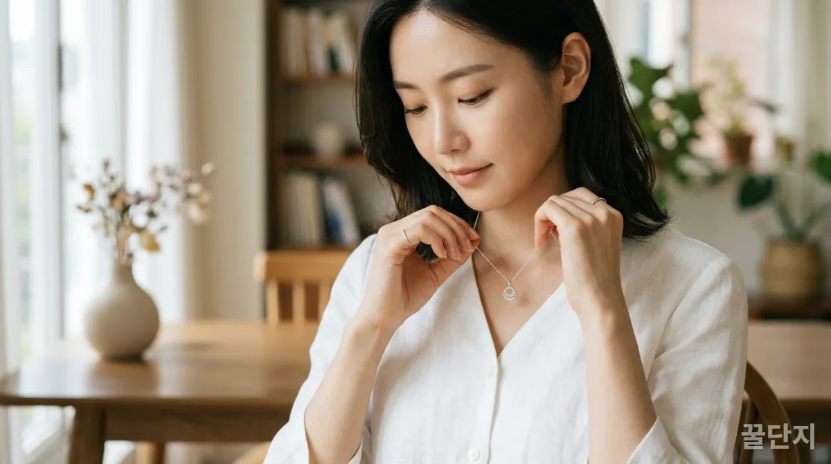 올화이트 룩에 액세서리를 매치하는 한국 여성의 손