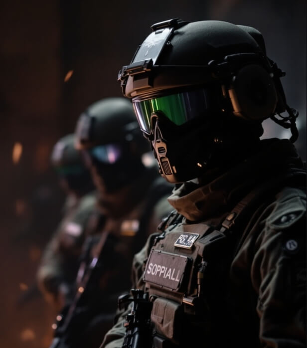 검은색 전투복과 고글, 전술 헬멧을 착용한 특수부대원들이 어두운 배경 속에서 대기하고 있는 모습. 부대원의 장비는 고도로 정밀하며, 헬멧에 부착된 헤드셋과 전술 조끼의 디테일이 눈에 띕니다. 긴장된 분위기가 느껴지며, 부대원들은 작전을 준비하는 듯한 자세를 취하고 있습니다.