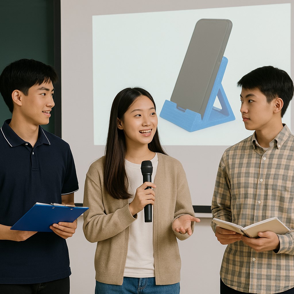 고등학생들이 3D 프린터로 제작한 스마트폰 거치대를 발표하는 장면