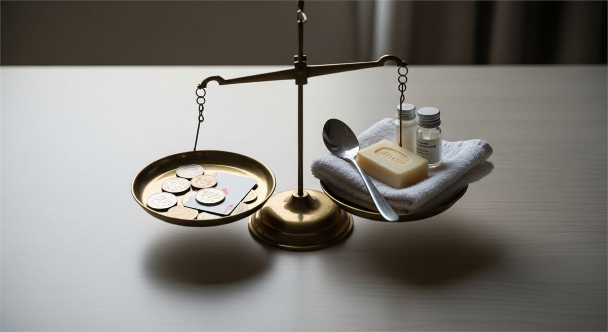 공정한 기준과 선별을 상징하는 저울과 생활비 소품 장면