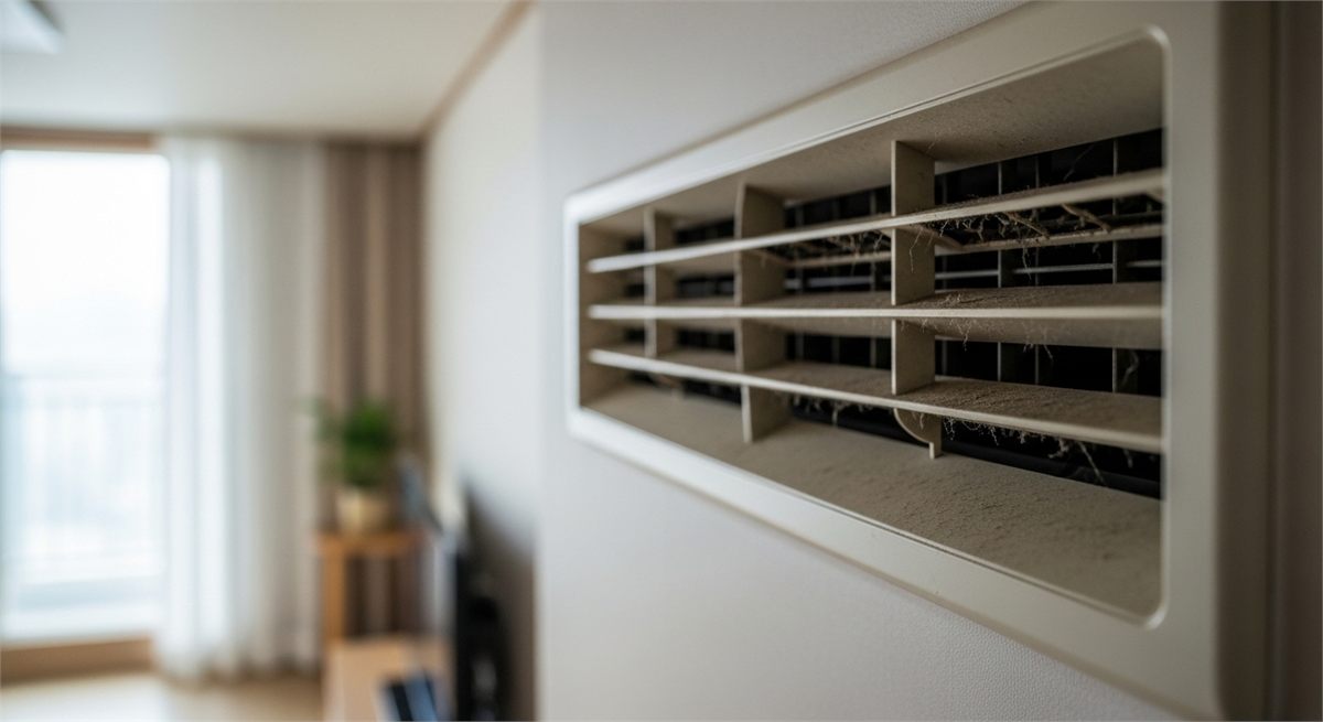 벽걸이 에어컨 송풍구 안쪽 먼지가 보이는 클로즈업 장면 