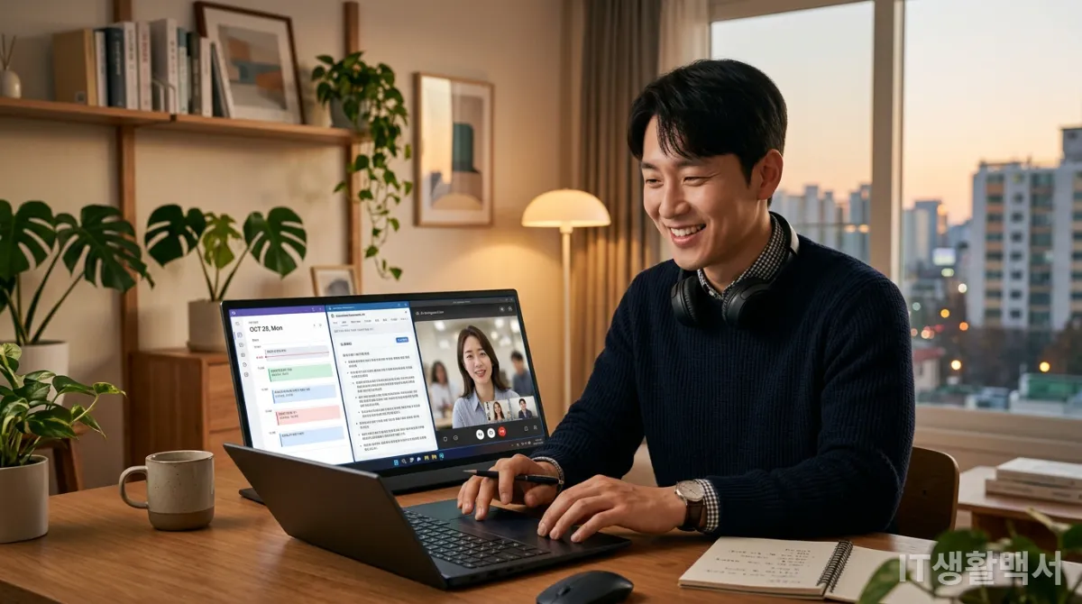 AI PC로 스마트하게 멀티태스킹하며 생산성을 높이는 한국인 전문가의 모습