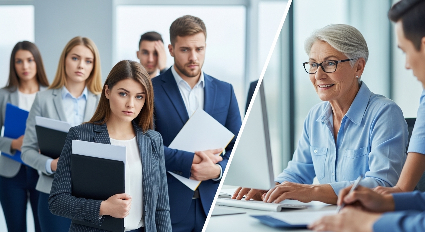 청년 구직자들의 불안한 모습과 숙련된 고령 근로자의 활기찬 모습을 대비하여 정년 연장 논의가 가져올 세대 간 영향을 보여주는 이미지.