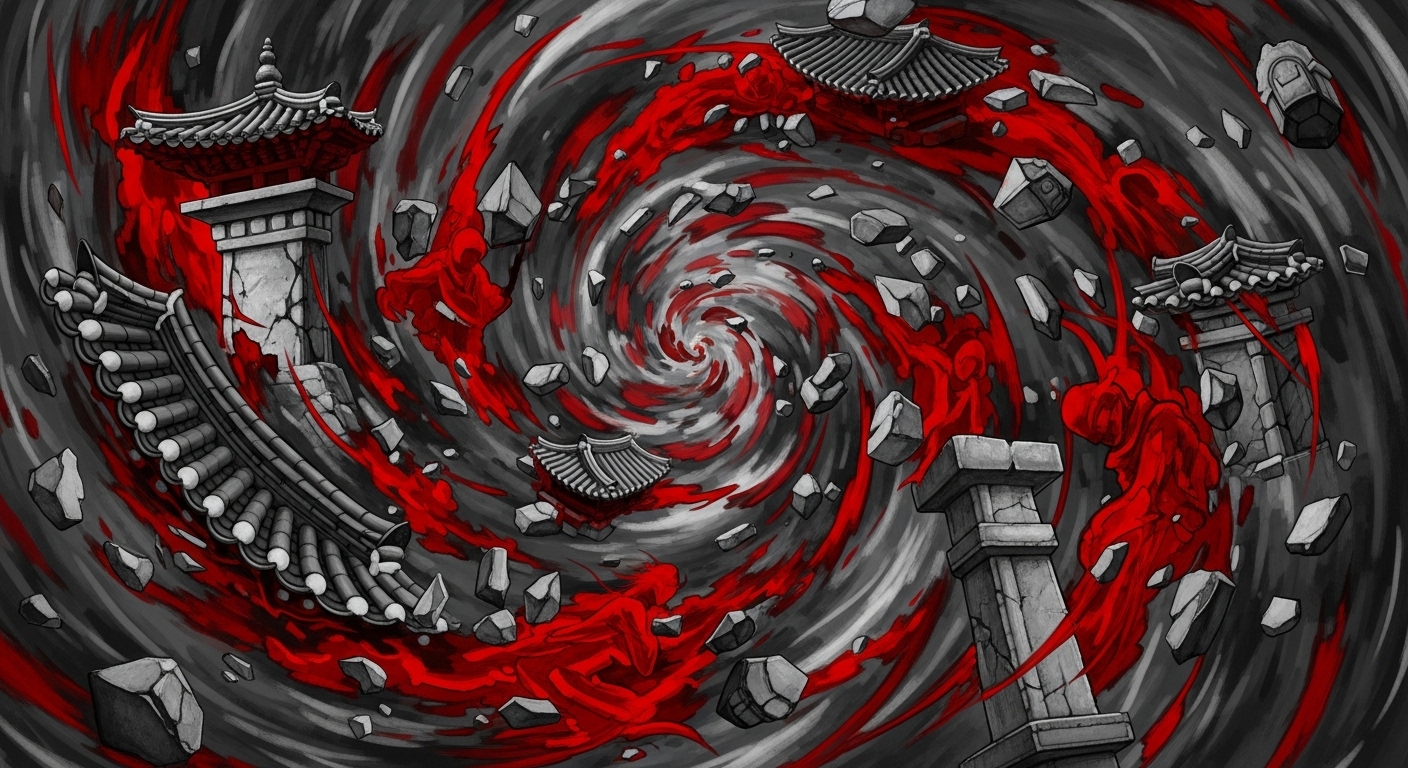 혼란과 변화의 시대적 격동을 상징하는 붉은색과 회색 톤의 추상적인 역사 일러스트.