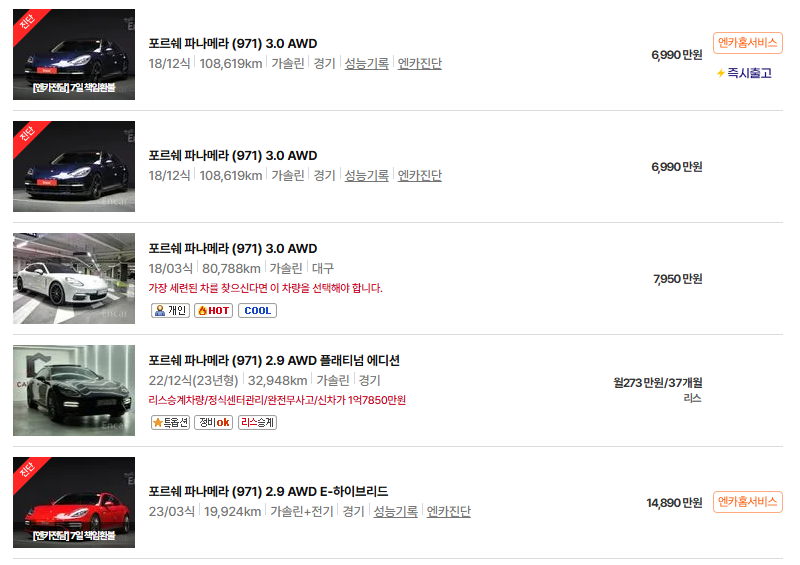 포르쉐 파나메라 중고차 가격 시세표 연비