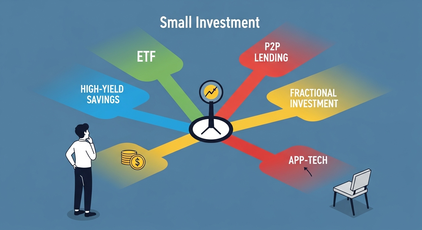 고금리 예적금, ETF, P2P, 조각 투자, 앱테크 등 다양한 소액 재테크 방법들이 여러 갈래 길처럼 표현된 일러스트. 한 사람이 각자의 투자 방법을 신중하게 고르고 있는 모습입니다.