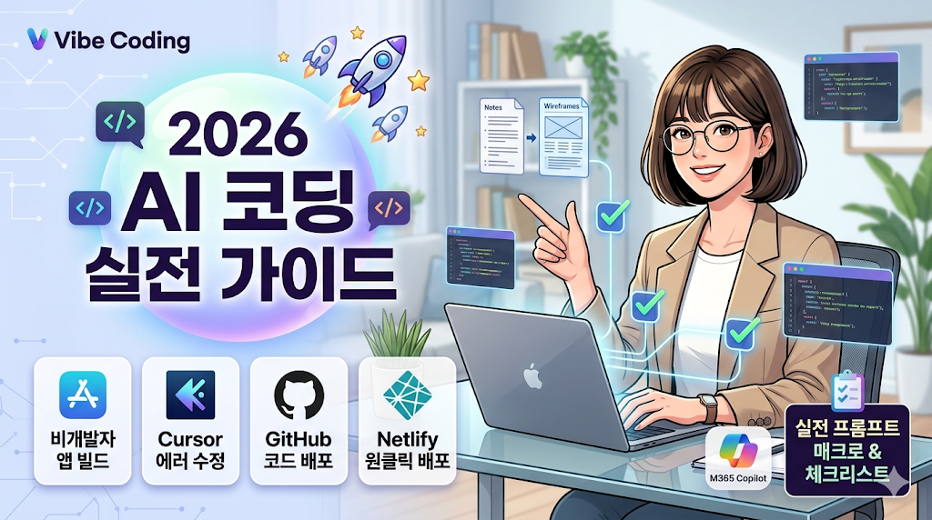 한 여성 비개발자가 '2026 AI 코딩 실전 가이드'라고 적힌 화면을 가리키며 Cursor, GitHub, Netlify 등 핵심 도구를 활용한 앱 빌드, 에러 수정, 원클릭 배포 프로세스를 요약한 스마트한 인포그래픽 썸네일입니다.