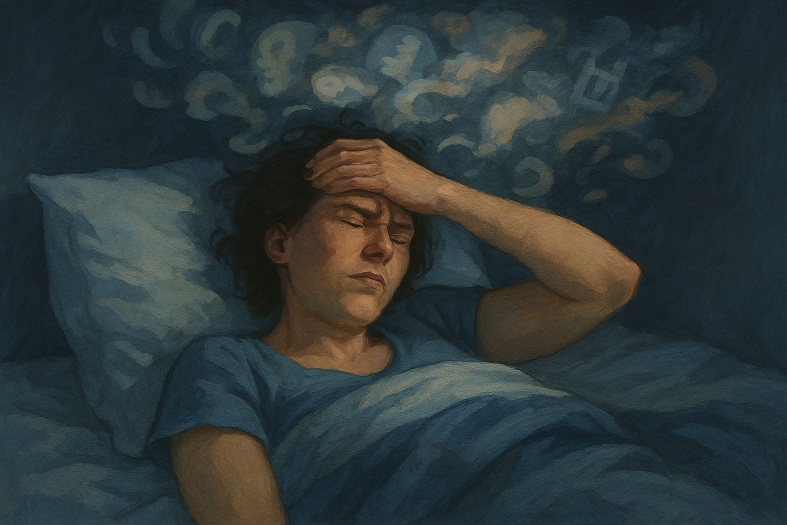 불면증으로 뒤척이는 사람이 이마를 짚고 있고, 머리 위에는 꿈속 이미지들이 떠오르는 장면